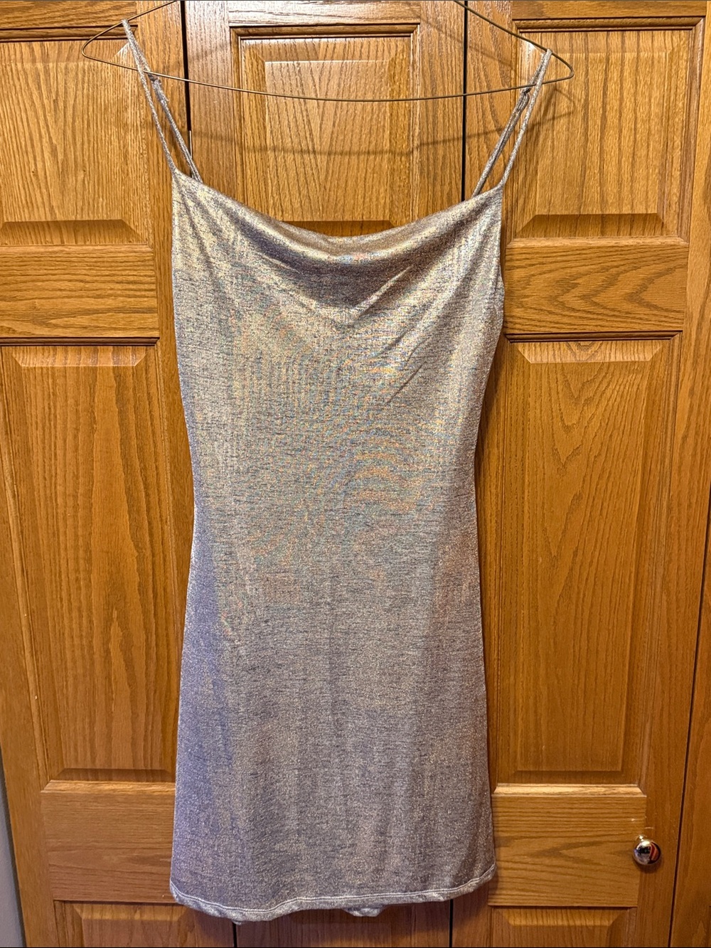 Silver Goldish Metallic Slip Dress with Cowl Neck- Medium